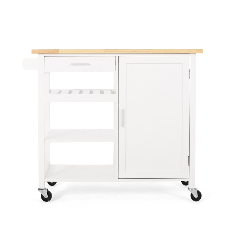 Benjara Alex Rolling Kitchen Island Bar Cart with Shelves- Brown Wood- White