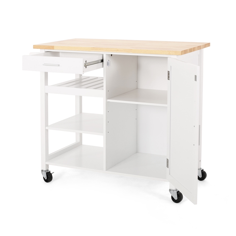 Benjara Alex Rolling Kitchen Island Bar Cart with Shelves- Brown Wood- White