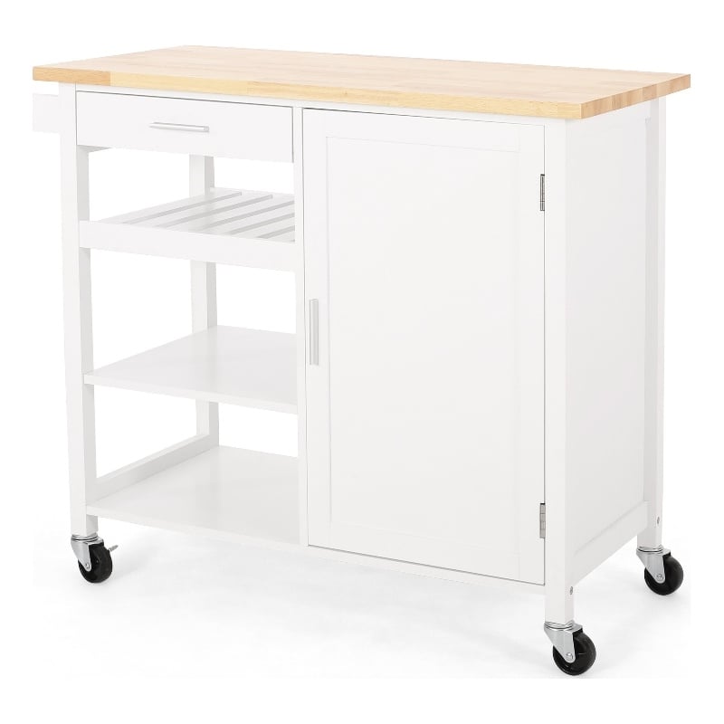 Benjara Alex Rolling Kitchen Island Bar Cart with Shelves- Brown Wood- White