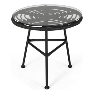 Benjara Tee Outdoor Side End Table- 20&quot Rattan Weave with Glass Top- Gray