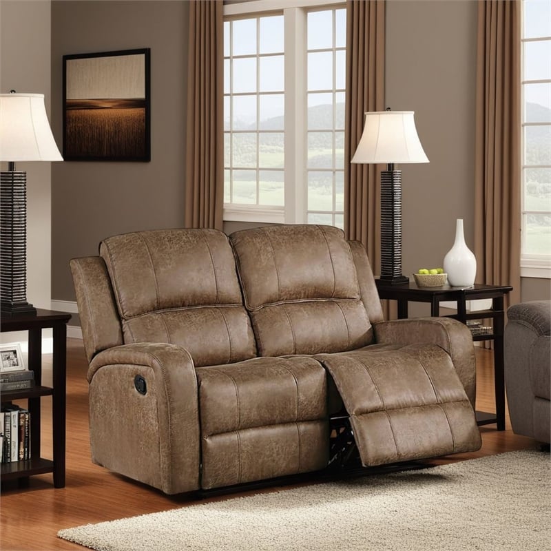 Benjara Charles Manual Recliner Loveseat- Chestnut Brown Faux Leather- 55 Inch