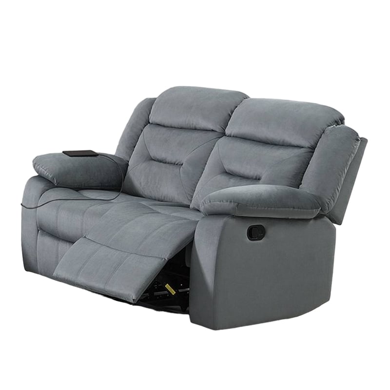 Benjara Niko Manual Recliner Loveseat- Light Gray Velvet- Solid Wood- 60 Inch