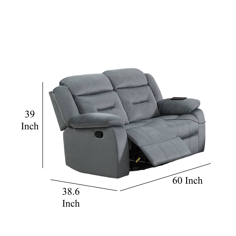 Benjara Niko Manual Recliner Loveseat- Light Gray Velvet- Solid Wood- 60 Inch