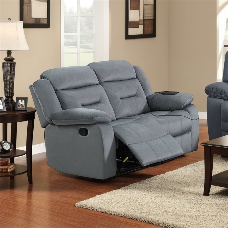 Benjara Niko Manual Recliner Loveseat- Light Gray Velvet- Solid Wood- 60 Inch
