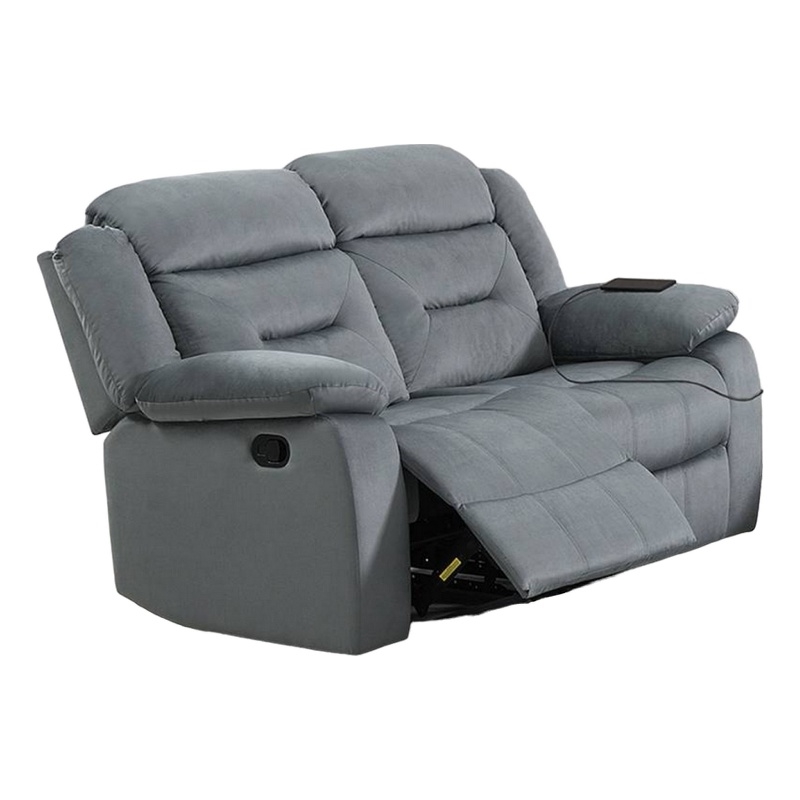 Benjara Niko Manual Recliner Loveseat- Light Gray Velvet- Solid Wood- 60 Inch