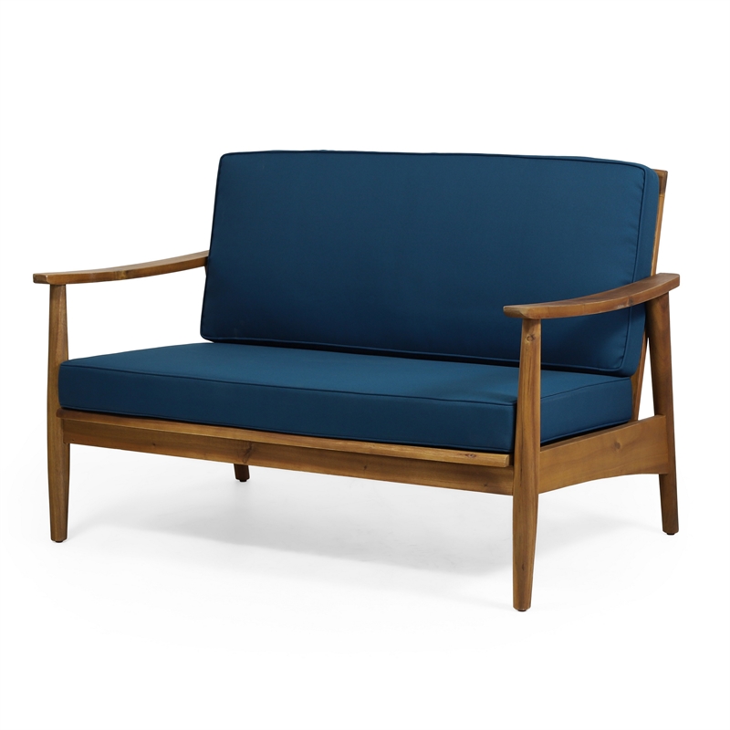 Benjara 2pc Outdoor Loveseat and Table Set- Teal Cushions- Brown Wood Frame