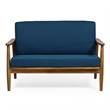 Benjara 2pc Outdoor Loveseat and Table Set- Teal Cushions- Brown Wood Frame