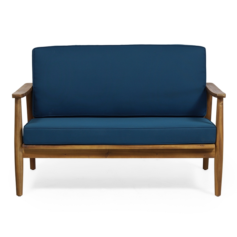 Benjara 2pc Outdoor Loveseat and Table Set- Teal Cushions- Brown Wood Frame