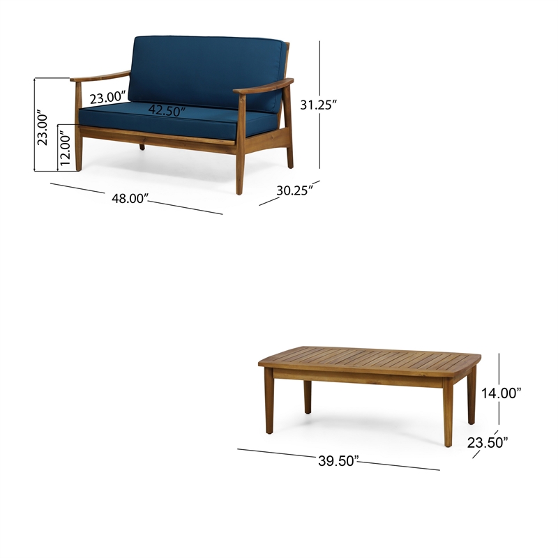 Benjara 2pc Outdoor Loveseat and Table Set- Teal Cushions- Brown Wood Frame