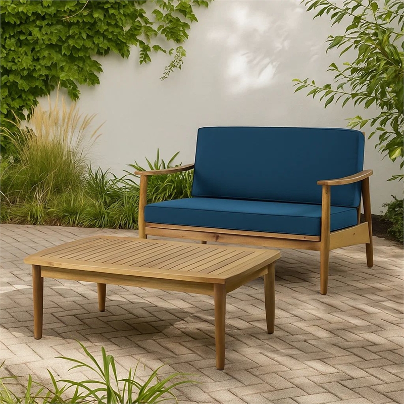 Benjara 2pc Outdoor Loveseat and Table Set- Teal Cushions- Brown Wood Frame