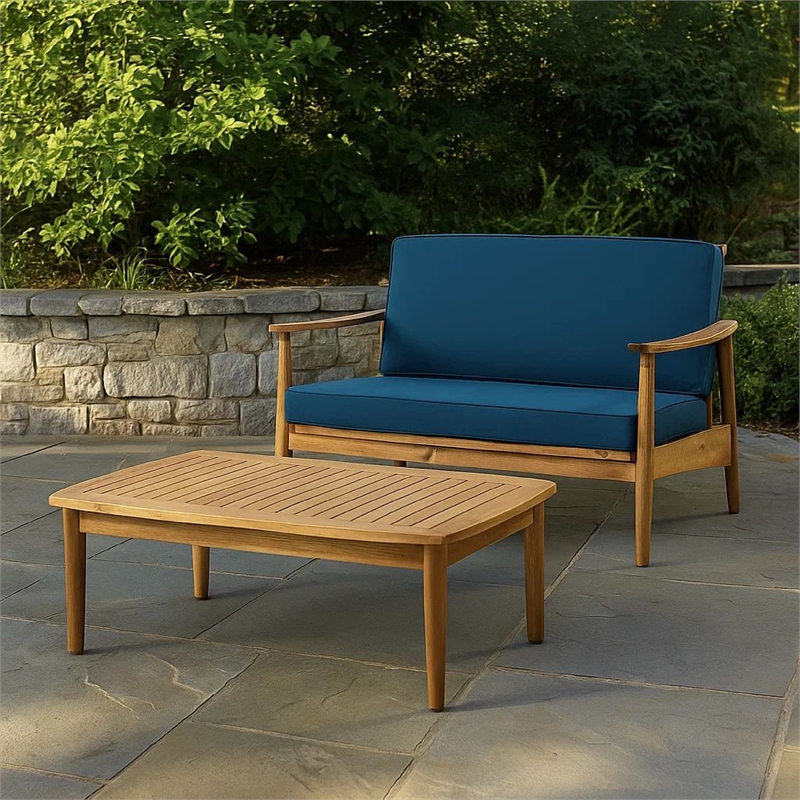 Benjara 2pc Outdoor Loveseat and Table Set- Teal Cushions- Brown Wood Frame
