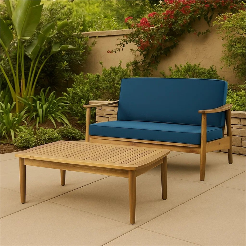 Benjara 2pc Outdoor Loveseat and Table Set- Teal Cushions- Brown Wood Frame