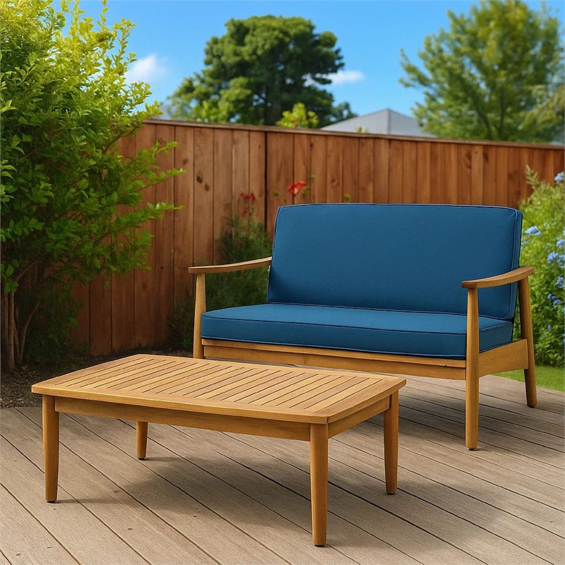 Benjara 2pc Outdoor Loveseat and Table Set- Teal Cushions- Brown Wood Frame