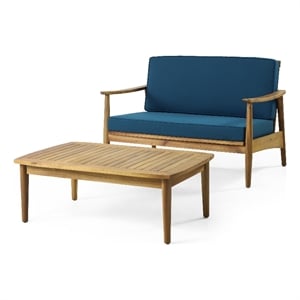 Benjara 2pc Outdoor Loveseat and Table Set- Teal Cushions- Brown Wood Frame