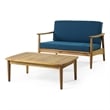 Benjara 2pc Outdoor Loveseat and Table Set- Teal Cushions- Brown Wood Frame