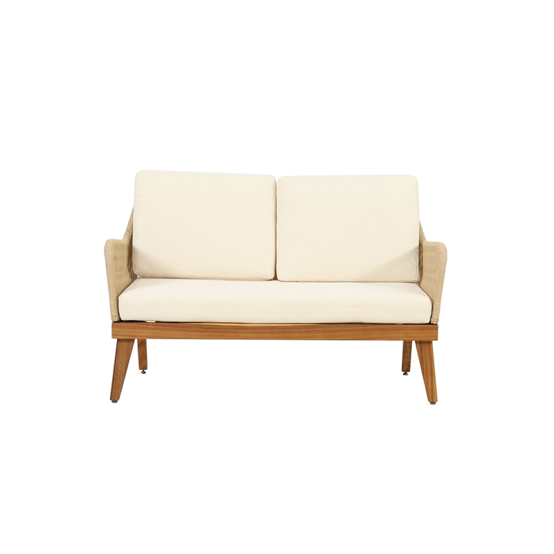 Benjara Oud 4pc Outdoor Sofa Set- Woven Rope Design- Natural Brown Acacia Wood