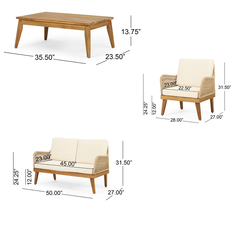Benjara Oud 4pc Outdoor Sofa Set- Woven Rope Design- Natural Brown Acacia Wood