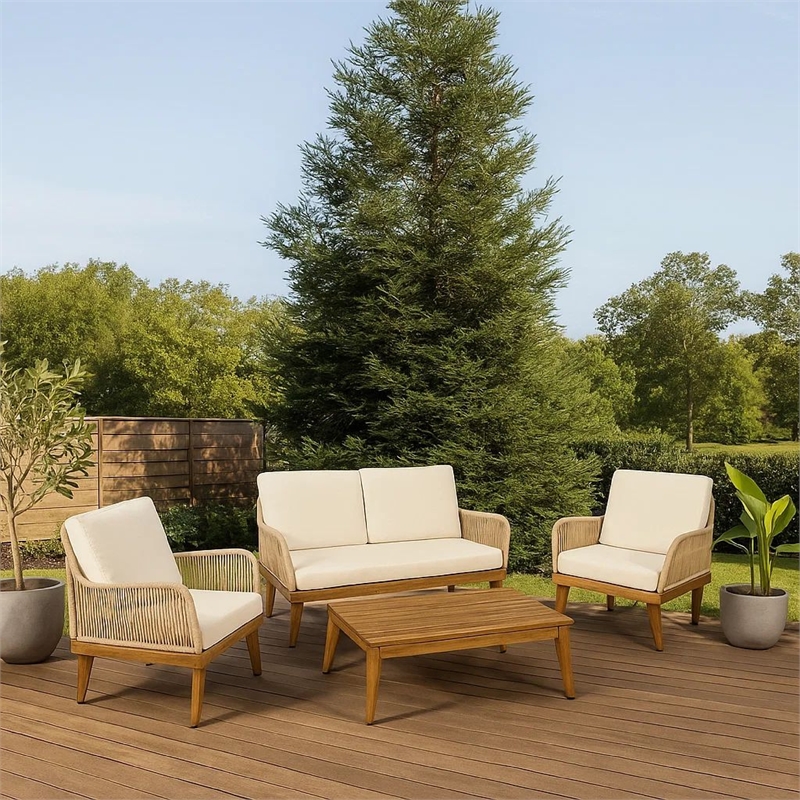 Benjara Oud 4pc Outdoor Sofa Set- Woven Rope Design- Natural Brown Acacia Wood