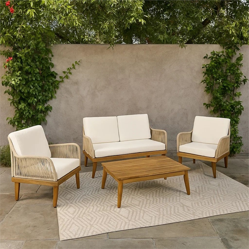Benjara Oud 4pc Outdoor Sofa Set- Woven Rope Design- Natural Brown Acacia Wood
