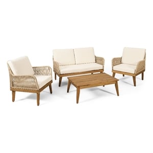 Benjara Oud 4pc Outdoor Sofa Set- Woven Rope Design- Natural Brown Acacia Wood