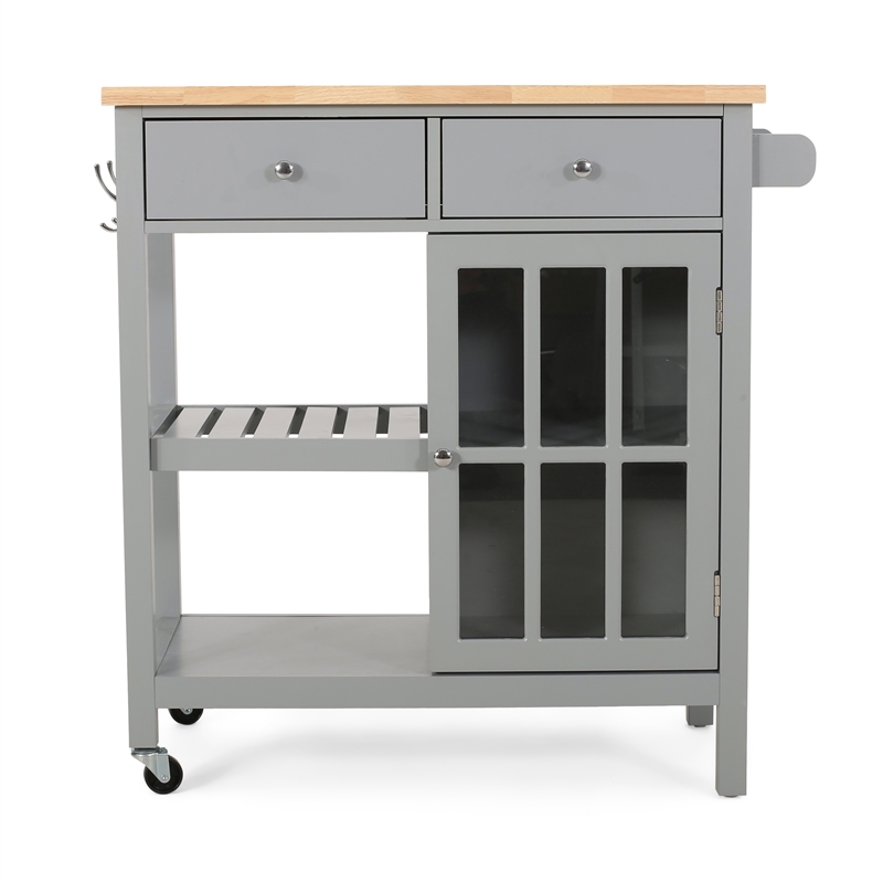 Benjara Rolling Kitchen Island Bar Cart- 1 Glass Door- Gray n Natural Brown