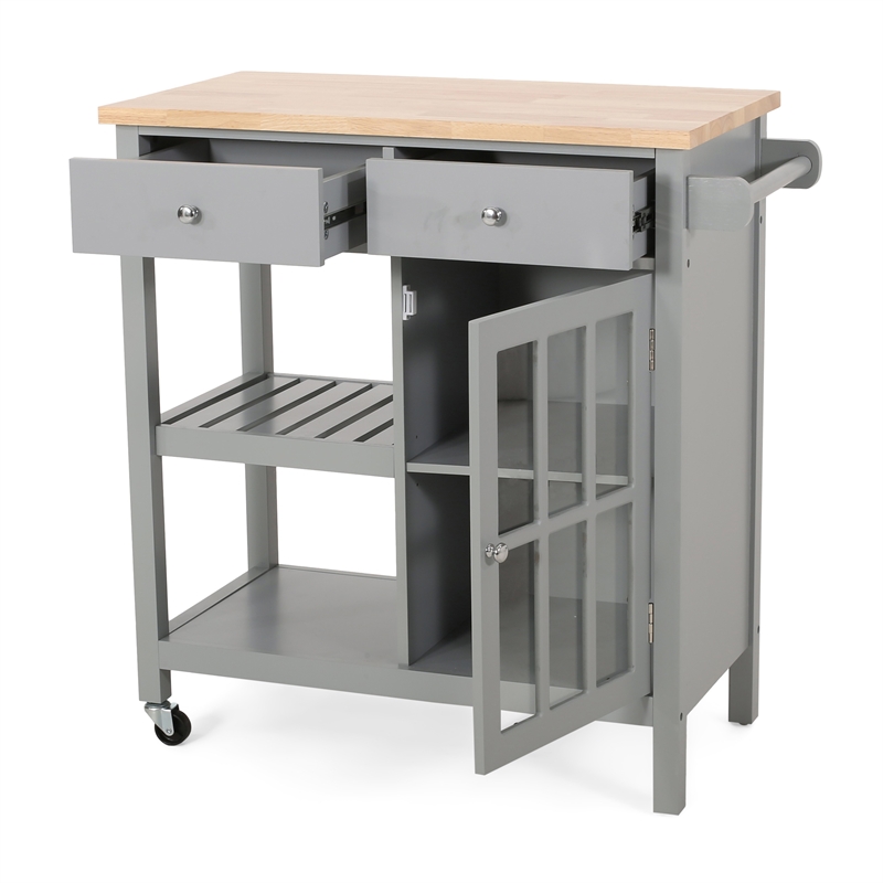 Benjara Rolling Kitchen Island Bar Cart- 1 Glass Door- Gray n Natural Brown