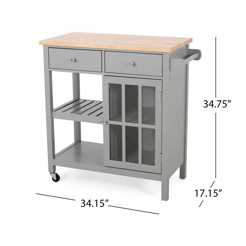 Benjara Rolling Kitchen Island Bar Cart- 1 Glass Door- Gray n Natural Brown