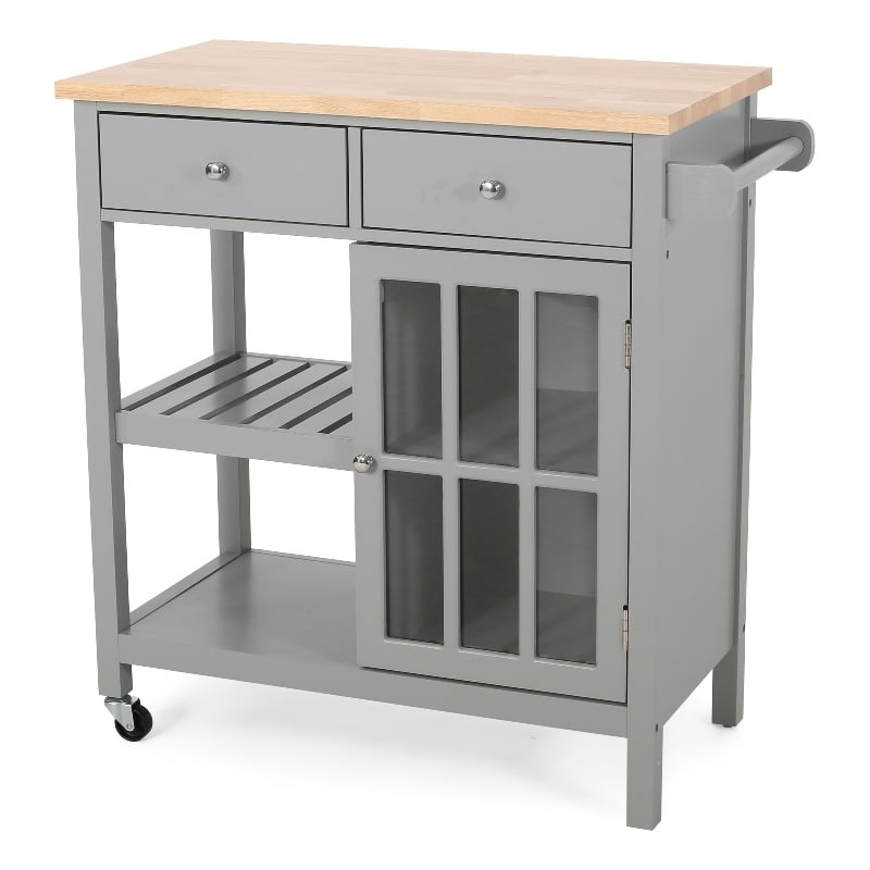 Benjara Rolling Kitchen Island Bar Cart- 1 Glass Door- Gray n Natural Brown