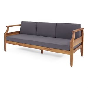Benjara Gail Outdoor Sofa- Dark Gray Cushions- Natural Brown Acacia Wood Frame