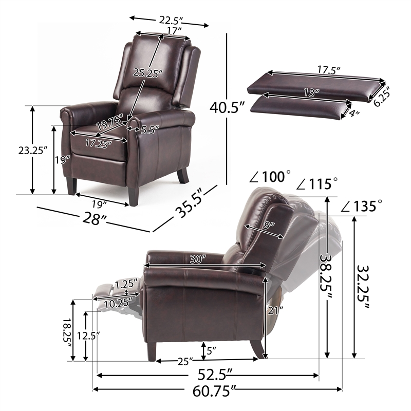 Benjara Manual Recliner Lounge Chair- Burgundy Brown Faux Leather Upholstery