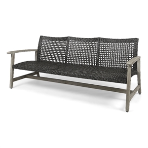 Benjara Bops Outdoor Sofa- Gray PE Woven Wicker- Coastal Acacia Wood Frame
