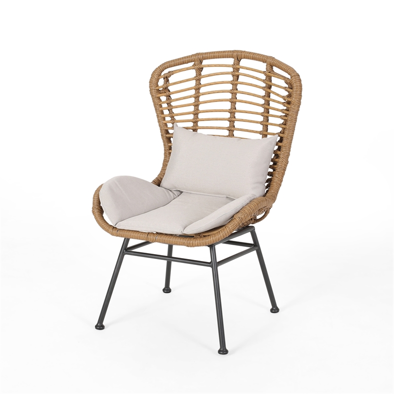 Benjara Slay Outdoor Accent Chair Set of 2- 25 Inch- Brown Woven Rattan- Iron