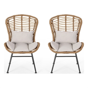 Benjara Slay Outdoor Accent Chair Set of 2- 25 Inch- Brown Woven Rattan- Iron
