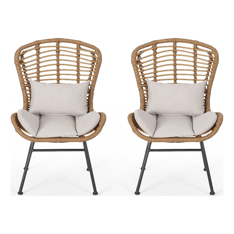Benjara Slay Outdoor Accent Chair Set of 2- 25 Inch- Brown Woven Rattan- Iron
