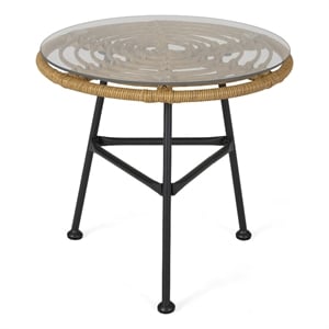 Benjara Tee Outdoor Side End Table- 20&quot Rattan Weave- Glass Top- Steel
