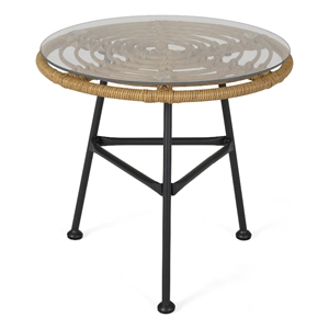 Benjara Tee Outdoor Side End Table- 20&quot Rattan Weave- Glass Top- Steel