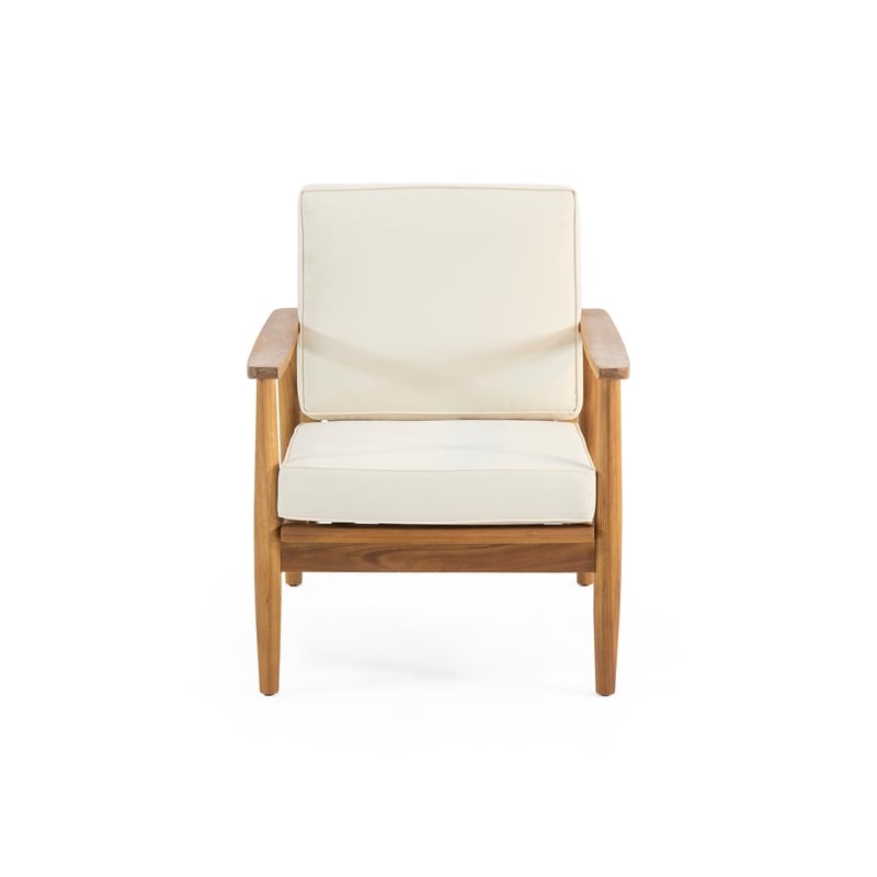 Benjara Accent Club Chair- Ivory Fabric Cushions- Brown Acacia Wood Frame