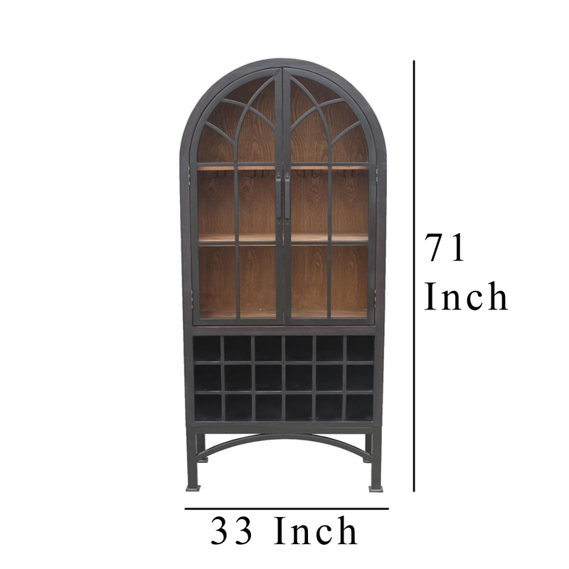 Benjara Veria Curio Wine Bar Cabinet- 2 Glass Arch Doors- Matte Black 71 Inch