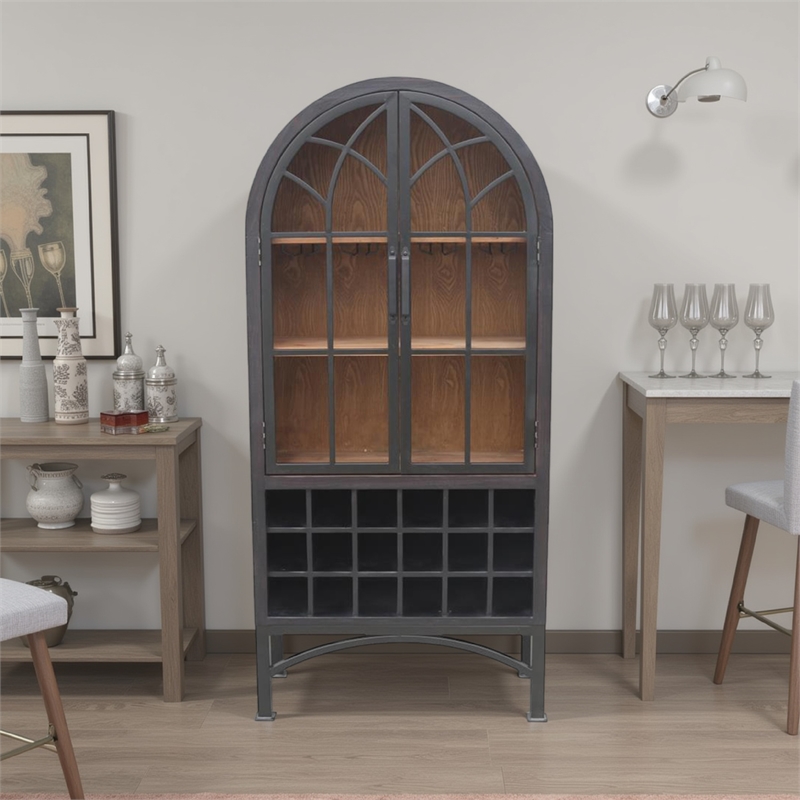 Benjara Veria Curio Wine Bar Cabinet- 2 Glass Arch Doors- Matte Black 71 Inch