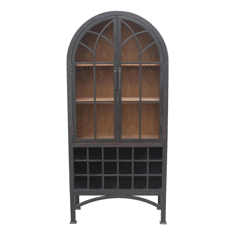 Benjara Veria Curio Wine Bar Cabinet- 2 Glass Arch Doors- Matte Black 71 Inch