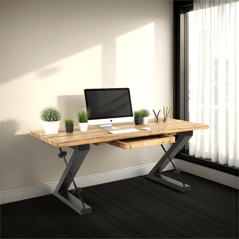 Benjara Meya Office Desk- Z Shaped Black Iron Base- 71