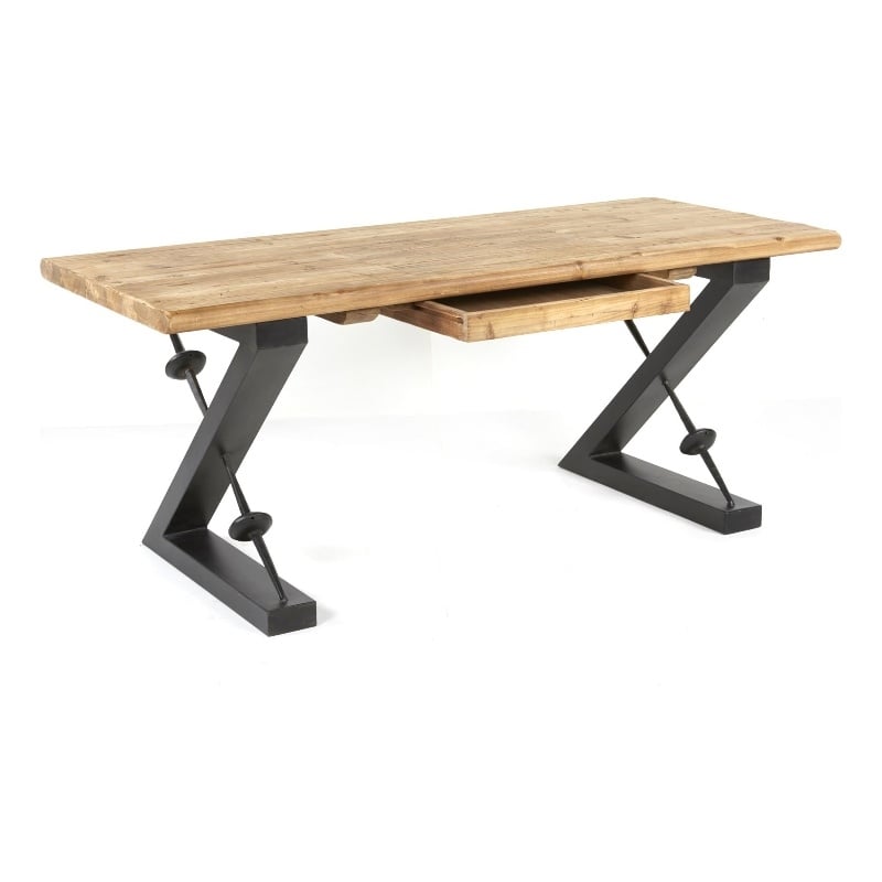 Benjara Meya Office Desk- Z Shaped Black Iron Base- 71