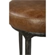 Benjara Mey Counter Stool- Brown Leather Round Seat- Black Forged Iron Base