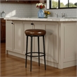 Benjara Mey Counter Stool- Brown Leather Round Seat- Black Forged Iron Base