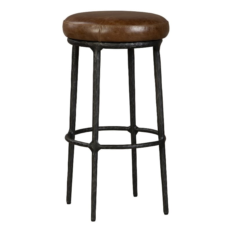 Benjara Mey Counter Stool- Brown Leather Round Seat- Black Forged Iron Base