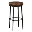 Benjara Mey Counter Stool- Brown Leather Round Seat- Black Forged Iron Base