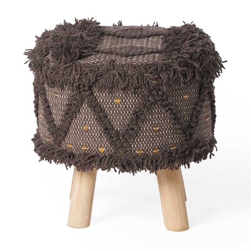 Benjara Footstool Ottoman- Handcrafted Boho Design- Brown Woven Seat- Wood