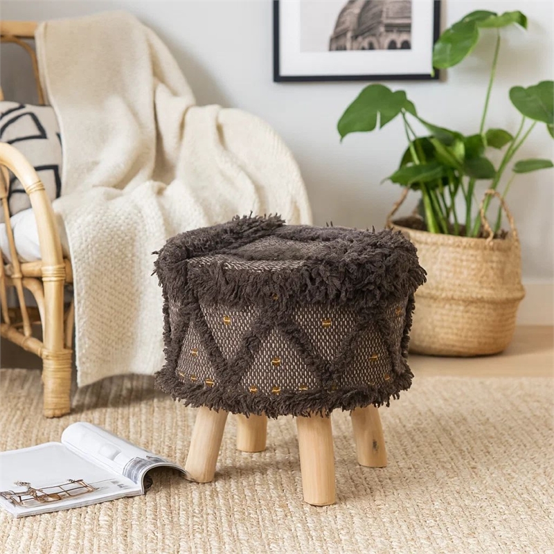 Benjara Footstool Ottoman- Handcrafted Boho Design- Brown Woven Seat- Wood