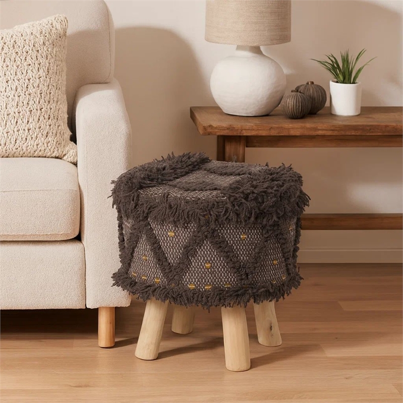 Benjara Footstool Ottoman- Handcrafted Boho Design- Brown Woven Seat- Wood