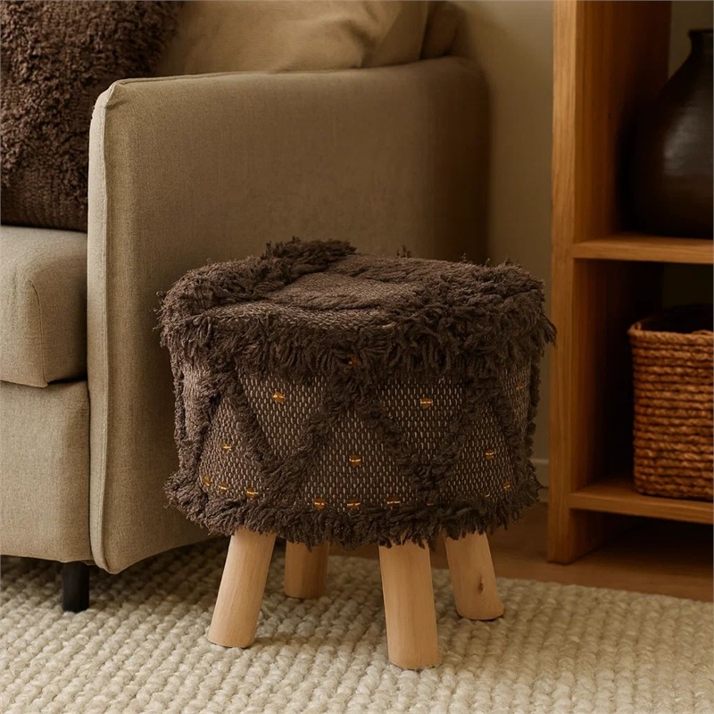 Benjara Footstool Ottoman- Handcrafted Boho Design- Brown Woven Seat- Wood